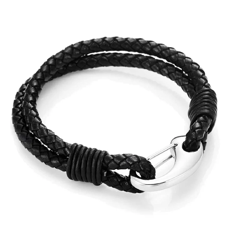 Necklaces and pendants with feather designs for a boho-chic, carefree vibe-Urban Jewelry Braided Black Genuine Leather Bracelet with Locking Stainless Steel Clasp (Black, Silver, Length 8")