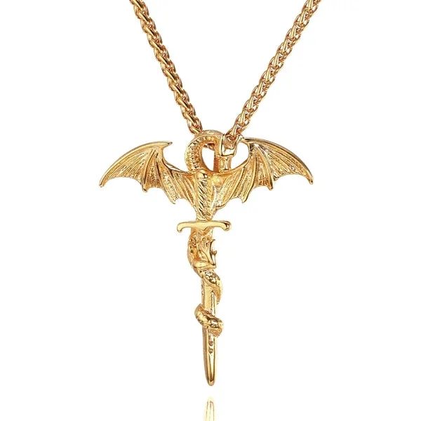 Necklaces and pendants with celestial starburst designs for a radiant look-Classy Men Gold Dragon Sword Pendant Necklace