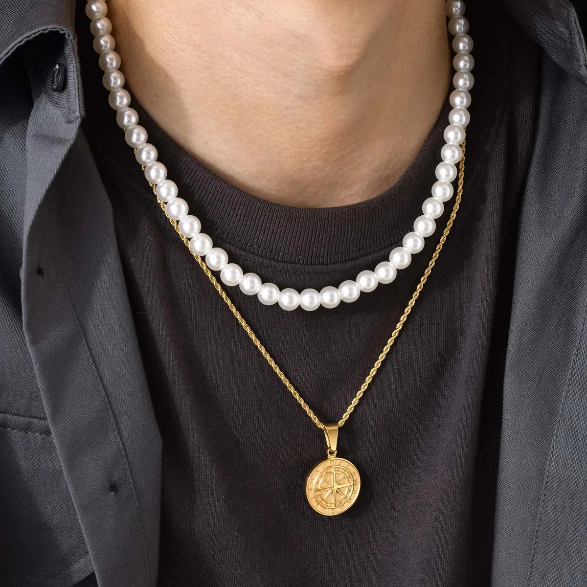 Beautiful necklaces and pendants with moon and star charms for a dreamy effect-Simple Style Classic Style Geometric Stainless Steel Imitation Pearl Layered Plating 18k Gold Plated Men's Layered Necklaces