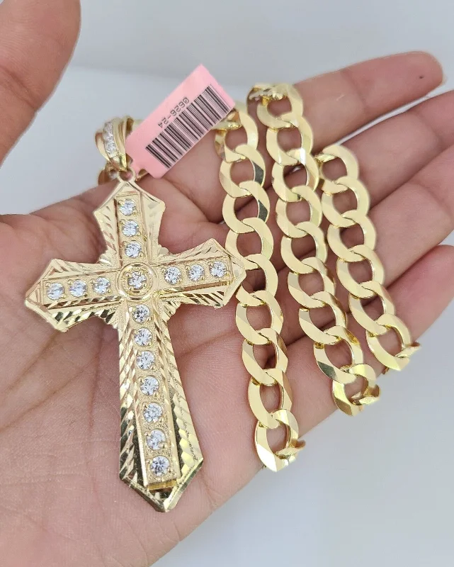 Best necklaces and pendants with intertwined designs for a symbol of unity-14k Gold Chain Jesus Cross Charm Solid Cuban Curb 10mm 20"-30" SET Necklace