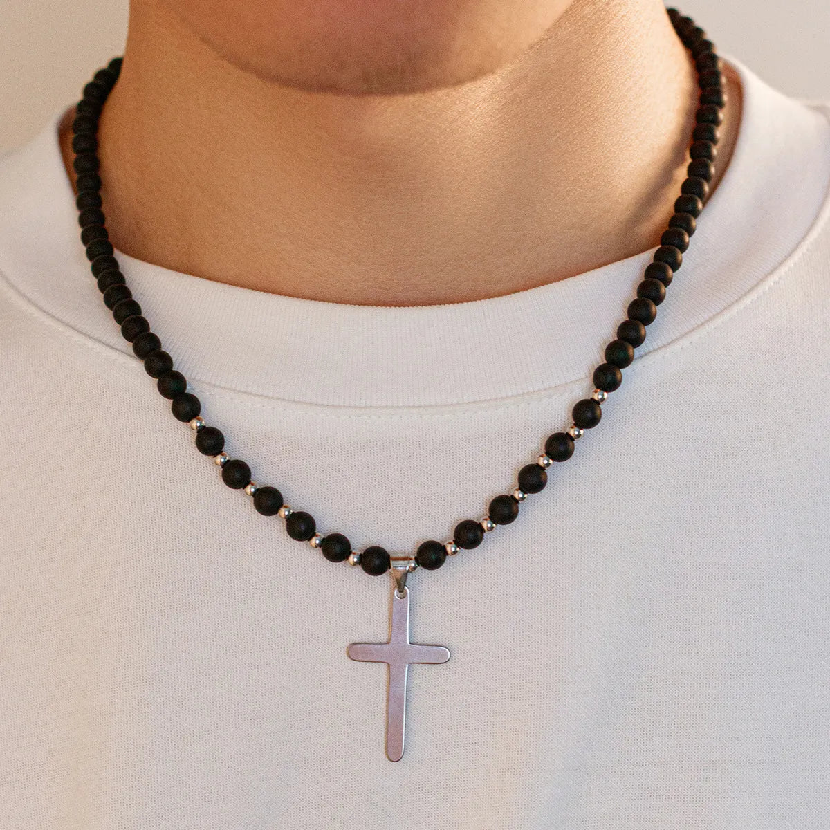 Trendy necklaces and pendants with statement pieces for a bold fashion statement-Simple Style Classic Style Cross Natural Stone Titanium Steel Beaded Men'S Pendant Necklace