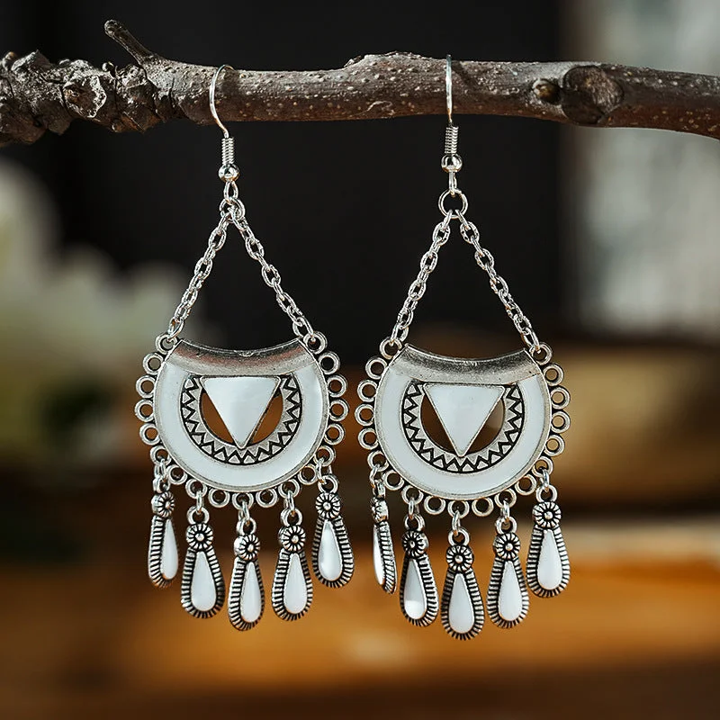 Gemstone Drop Earrings for Color -Wholesale Fan-shaped Chain Dripping Oil Retro Craft Multi-layer Alloy Earrings