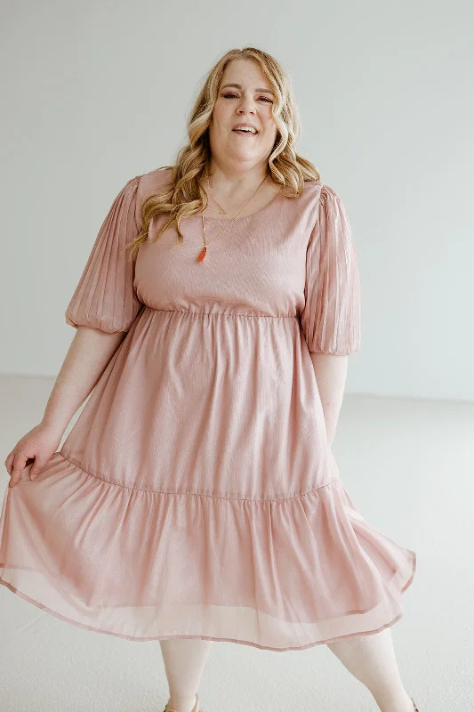 Plus size dresses for power dressing empower daily -Slip-on sandals for women -Plus size dresses with geometric patterns -PLEATED BUBBLE SLEEVE KNEE LENGTH DRESS IN ANTIQUE ROSE