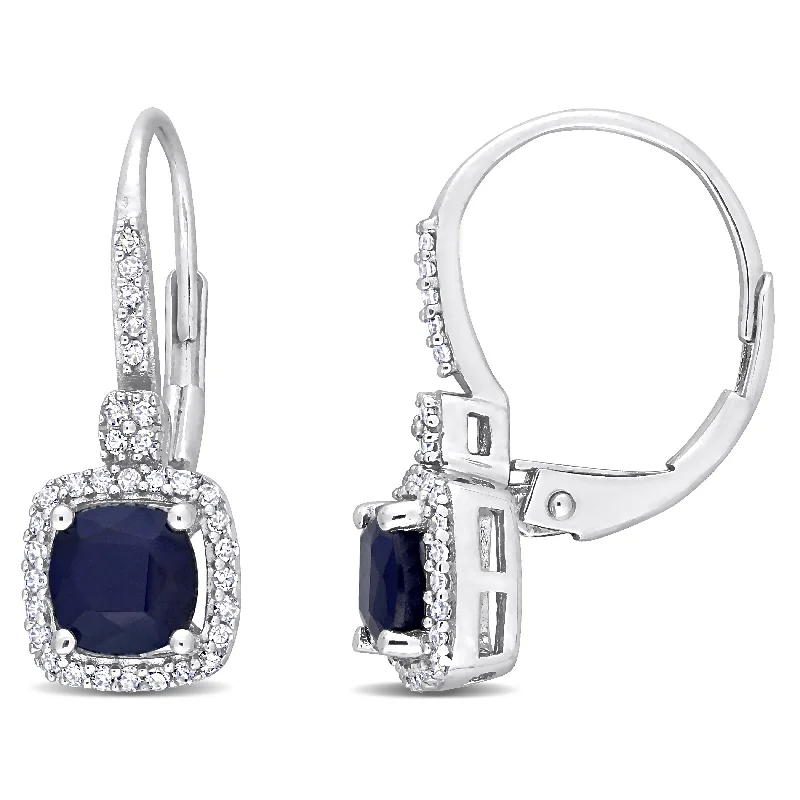 Bohemian Drop Earrings with Tassels -Mimi & Max Cushion Cut Diffused Sapphire and 1/5ct TW Diamond Halo Leverback Earrings in 10k White Gold