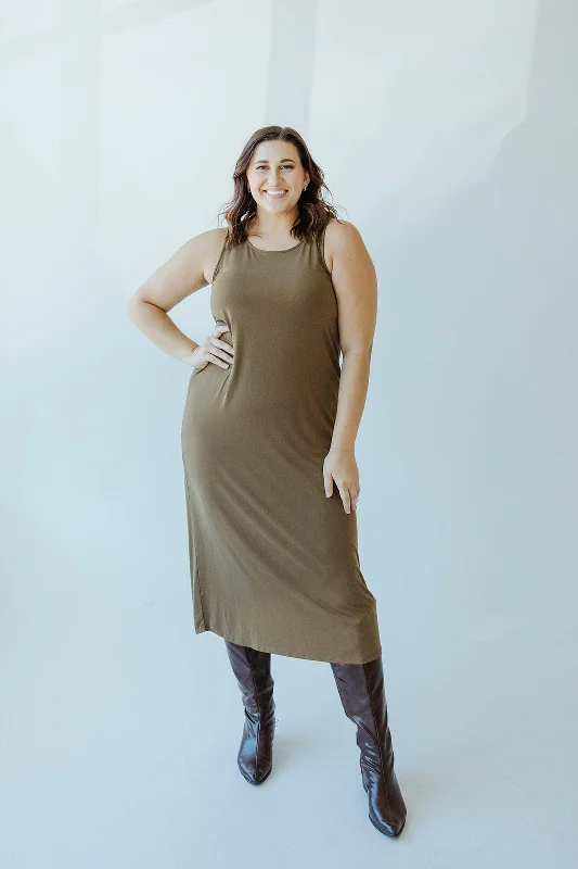 Plus size dresses with breathable fabrics stay cool -Sandals for wide feet -Plus size evening dresses -ROUND NECK TANK SLIP DRESS IN OLIVE GROVE