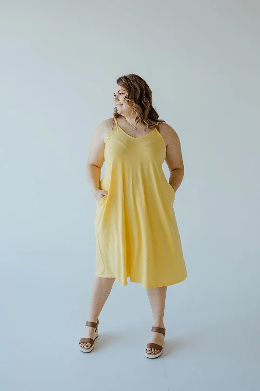 Plus size dresses for bold outfits match well -Sandals for urban walking tours -Plus size dresses with open neckline -KNEE LENGTH A-LINE CAMI DRESS IN SUNSHINE