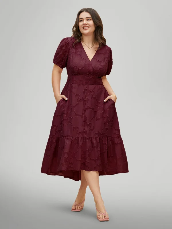 Plus size dresses with soft cotton feel comfy -Sandals for running errands -Plus size dresses for hourglass figure -Solid Textured Lantern Sleeve Button Detail Dress