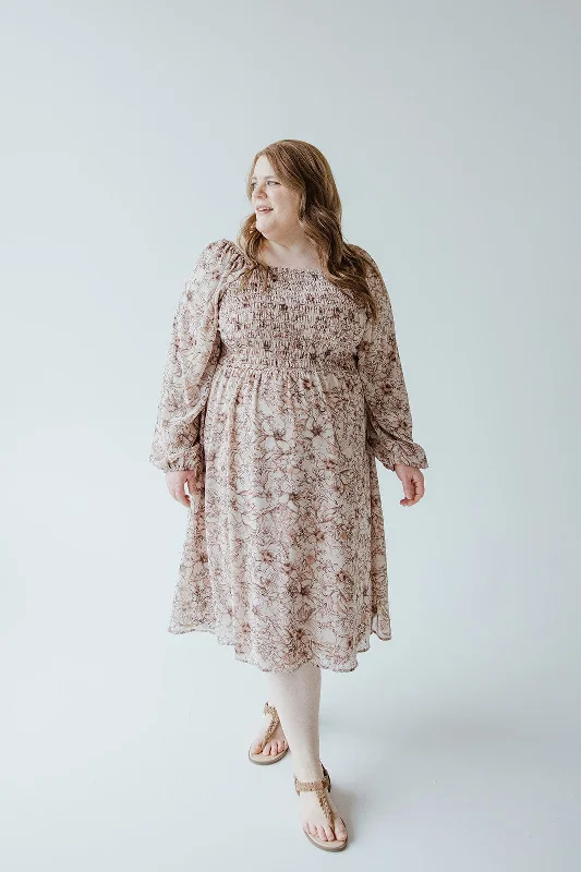 Plus size dresses with wrap fronts fit well -Sandals with toe protection -Plus size dresses with bold prints -LONG BLOUSON SLEEVED SMOCKED BODICE DRESS IN SIMPLY ROSEY BEIGE