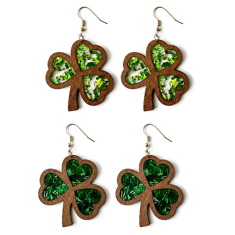 Drop Earrings with Star Motifs -Wholesale Clover Acrylic St. Patrick's Day Wood Texture Inlay Holiday Earrings