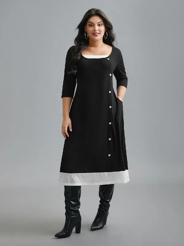 Plus size dresses with shiny threads reflect light -Sandals with heel support -Plus size dresses with velvet fabric -Square Neck Color Block Button Detail Dress