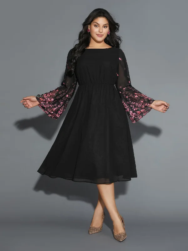 Stylish plus size dresses with stretch fabric flatter all -Sandals for women with bunions -Plus size dresses with pleats -Floral Mesh Bell Sleeve Boat Neck Dress