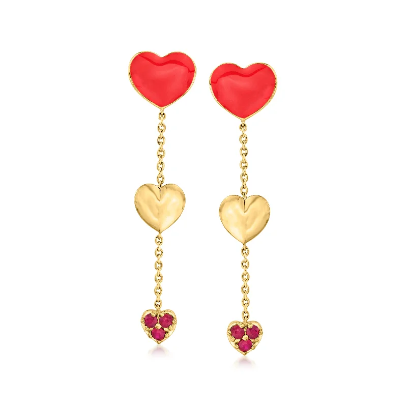 Lead Free Drop Earrings for Health -Ross-Simons Ruby and Red Enamel Heart Drop Earrings in 18kt Gold Over Sterling