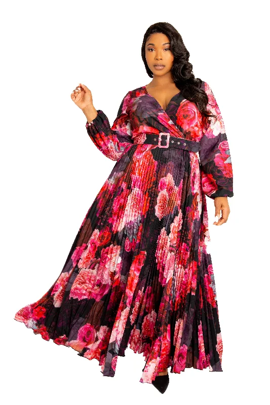 Plus size dresses with soft skirts feel light -Sport sandals for women -Plus size shift dresses -Floral Pleated Maxi Dress with Belt