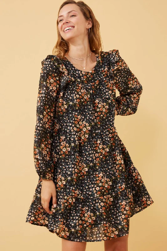 Plus size dresses with sleek finishes stay polished -Sandals for plus size women -Plus size dresses with lace details -Womens Floral Print Ruffle Shoulder Long Sleeve Dress