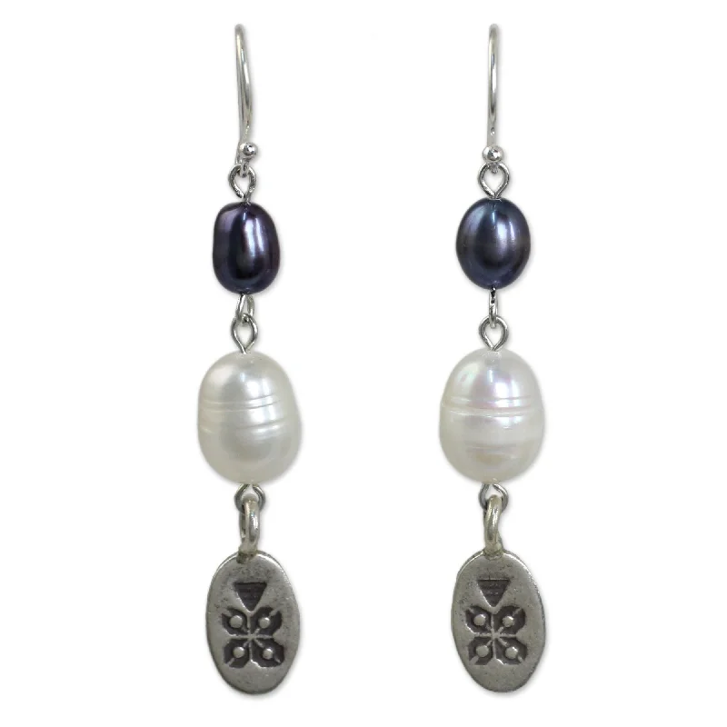 Drop Earrings with Etched Designs -Novica Handmade Hill Tribe Blue Cultured Pearl Dangle Earrings