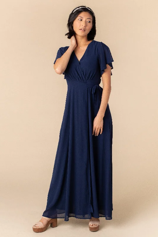 Plus size dresses featuring metallic hues shine soft -Sandals for urban walking tours -Plus size dresses with open neckline -Naples Flutter Sleeve Wrap Maxi - Navy