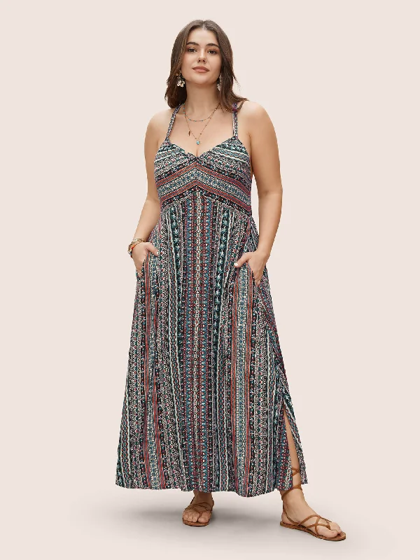 Plus size dresses featuring earthy tones are grounding -Trendy sandals for women -Affordable plus size dresses -Boho Print Elastic Waist Split Hem Cami Dress