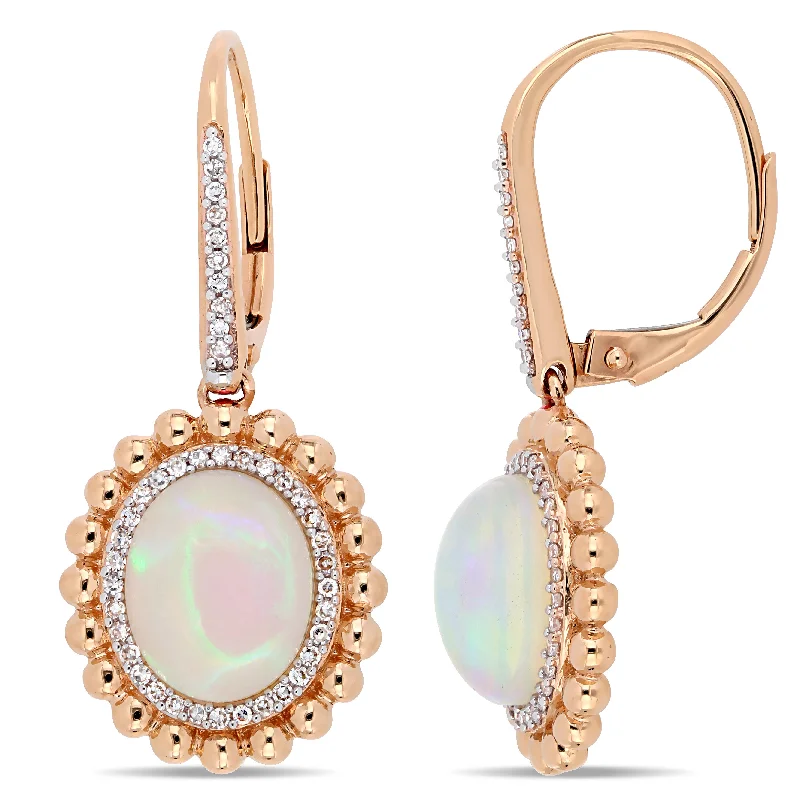 Drop Earrings for Festival Style -5 1/2 CT TGW Oval-Cut Ethiopian Blue-Hued Opal and 1/4 CT TW Diamond Double Halo Leverback Earrings in 14K Rose Gold