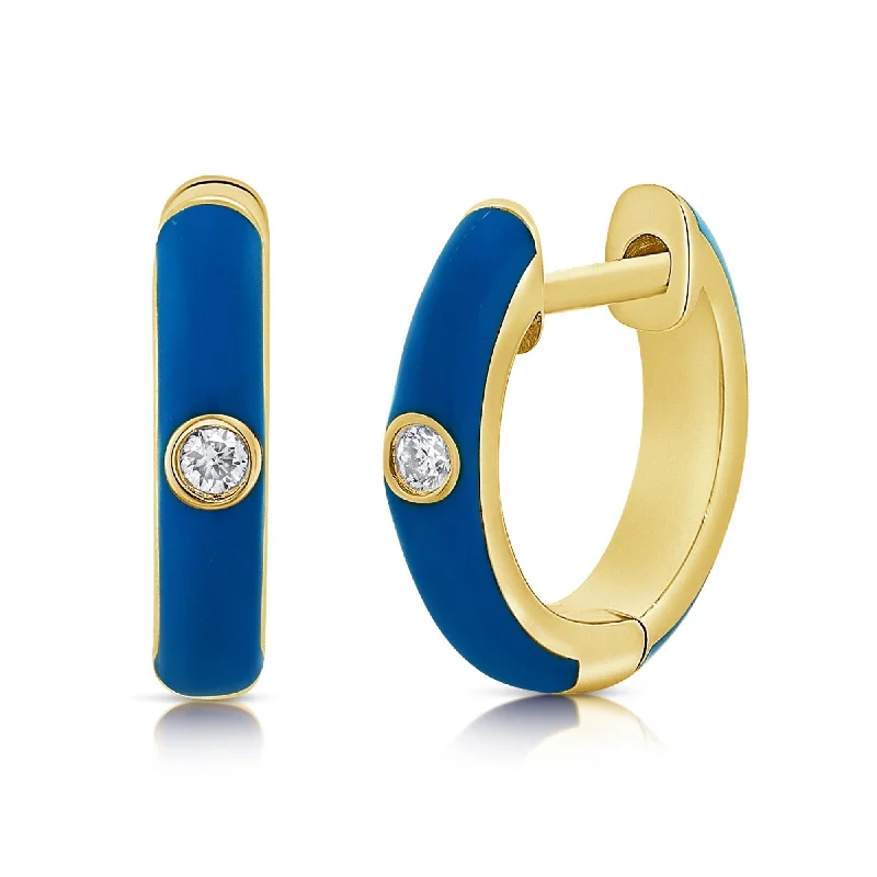 Drop Earrings with Etched Designs -Joelle Collection Diamond & Blue Enamel Huggy Hoop Earrings 14K Gold