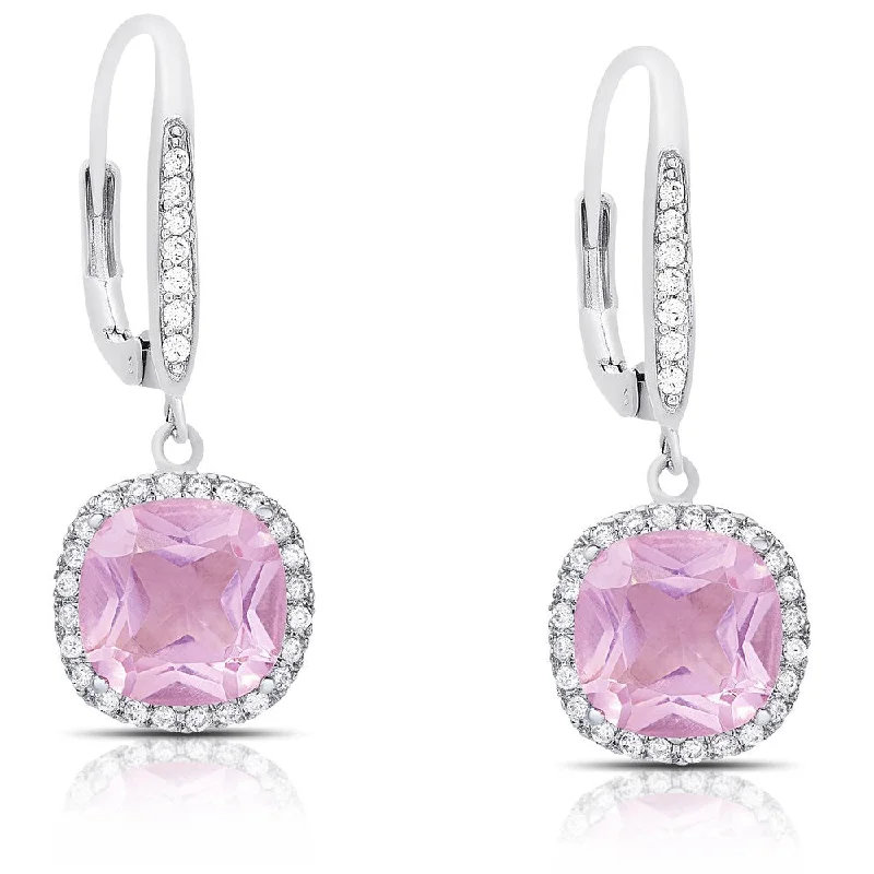 Drop Earrings for Beach Outfit -Dolce Giavonna Silver Overlay Simulated Pink Topaz and Cubic Zirconia Dangle Earrings