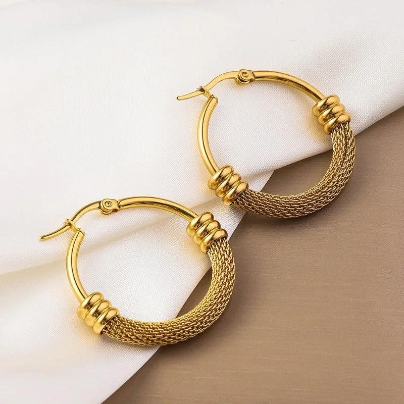 Drop Earrings with Chevron Designs -Wholesale Circle Mesh Plated 18K Furnace Gold Non Fading Gold Stainless Steel Earrings