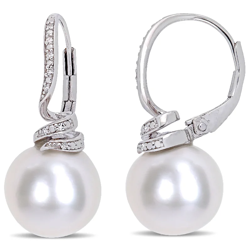 Drop Earrings with Textured Surface -Mimi & Max 11-12mm Cultured Freshwater Pearl and Diamond Accent Swirl Leverback Earrings in Sterling Silver