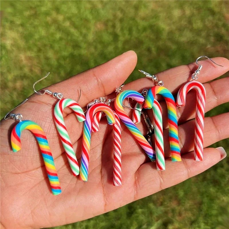 Drop Earrings with Star Motifs -Wholesale Simulation Soft Pottery Large Cane Candy Christmas Rainbow Stripe Rainbow Candy Pendant Earrings