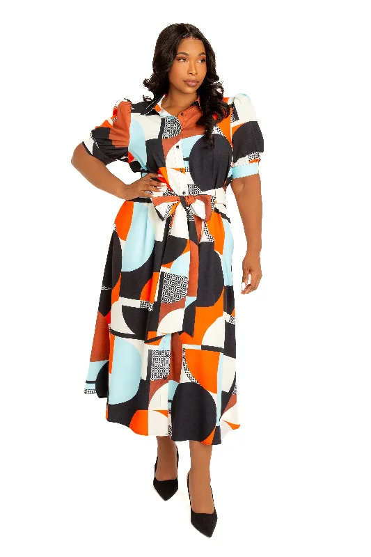 Classic plus size dresses in black suit everything -Sandals with leather straps -Plus size dresses for family gatherings -Geometric Print Puff Sleeve Shirtdress with Tie Waist Detail