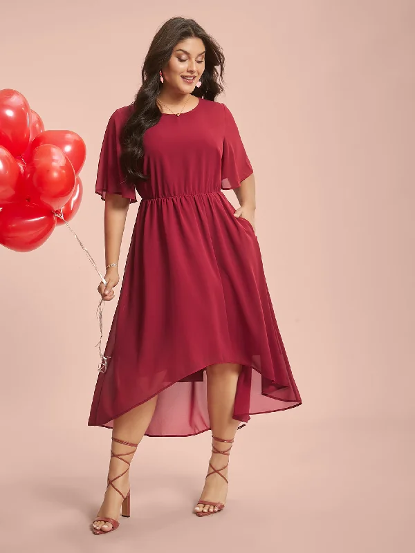 Plus size dresses for celebrations shine with style -Sandals with toe rings -Plus size dresses for pear shaped women -Hi-Low Hem Plain Ruffle Sleeve Dress