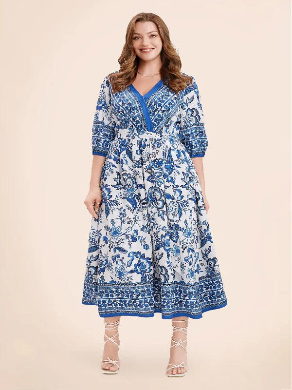 Plus size dresses featuring mesh overlays feel chic -Sandals with padded straps -Plus size dresses for elegant occasions -Bandana Print Surplice Neck Lantern Sleeve Pocket Belted Midi Dress