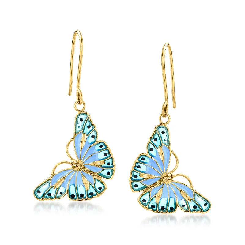 Crystal and Pearl Drop Earrings for Glamour -Ross-Simons Italian Tonal Blue Enamel Butterfly Drop Earrings in 14kt Yellow Gold