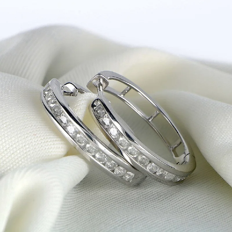 Drop Earrings with Etched Designs -1ct TDW Round Diamond Hoop Earrings in Silver by De Couer