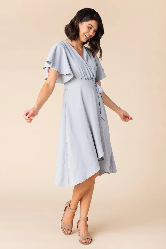 Plus size dresses with soft cotton feel comfy -Sandals for picnics and outdoor gatherings -Plus size dresses for outdoor weddings -Daphne Tulip Wrap Dress - Dusty Blue