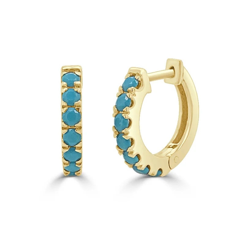 Drop Earrings with Leaf Motifs -Joelle Collection 14K Yellow Gold Turquoise Huggie Hoop Earrings