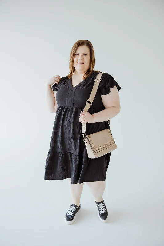 Plus size dresses with unique necklines add flair -Wide width sandals for women -Plus size dresses with pockets -SOLID WOVEN TIERED DRESS WITH FLUTTER SLEEVE IN BLACK