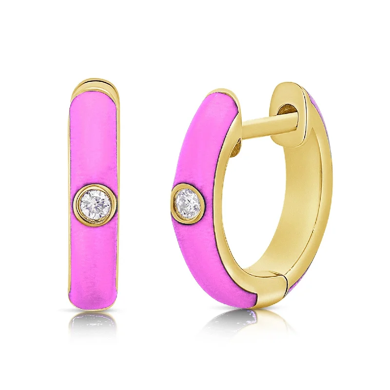 Drop Earrings with Knot Designs -Joelle Collection Diamond & Pink Enamel Huggy Hoop Earrings 14K Gold