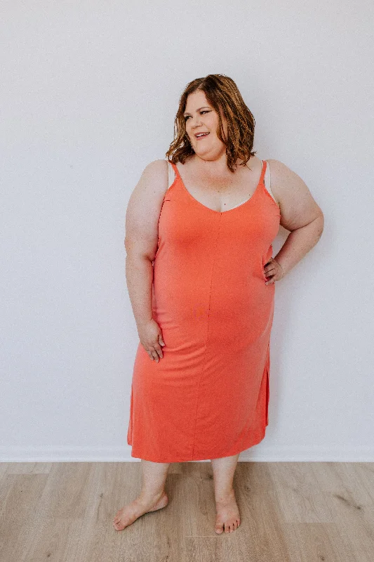 Plus size dresses featuring pleated skirts flow nicely -Sandals for outdoor activities -Plus size bodycon dresses -MIDI LENGTH SLIP DRESS IN SPICY CORAL