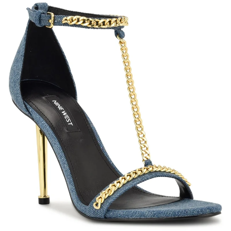 High-heeled sandals for women with satin finish and open-toe design for formal look-Nine West Womens Ropes Denim Chain Heels