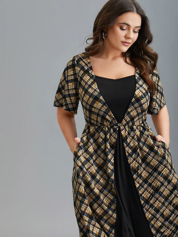 Plus size dresses featuring textured weaves add interest -Fashionable sandals for women -Plus size wrap dresses -Plaid Color-Block Ruched Open Midi Dress