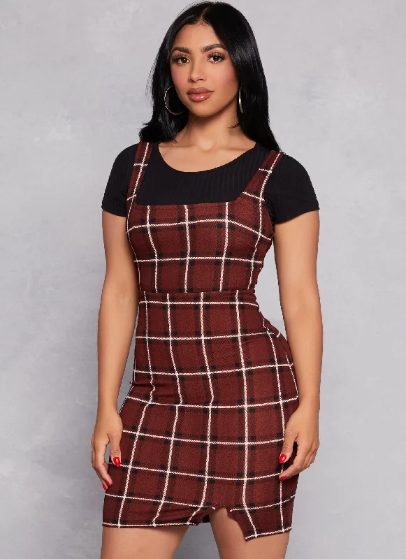 Plus size dresses for winter layer warmly -Slip-on sandals for women -Plus size dresses with geometric patterns -Almost Famous Plaid Tank Dress with Tee