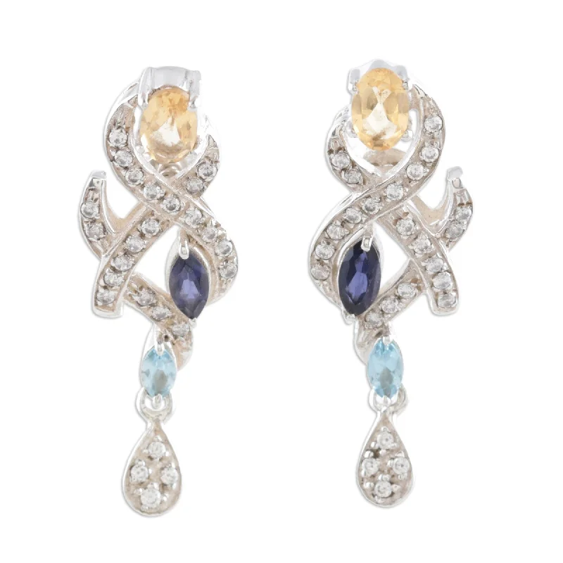 Drop Earrings with Textured Surface -Novica Handmade Indian Sonnet Citrine And Blue Topaz Earrings