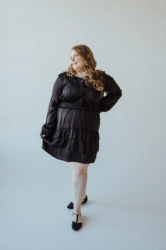 Plus size dresses for formal events look elegant -Sandals for travel to warm destinations -Plus size dresses for Christmas -SATIN KNEE LENGTH DRESS WITH RUFFLE IN BLACK