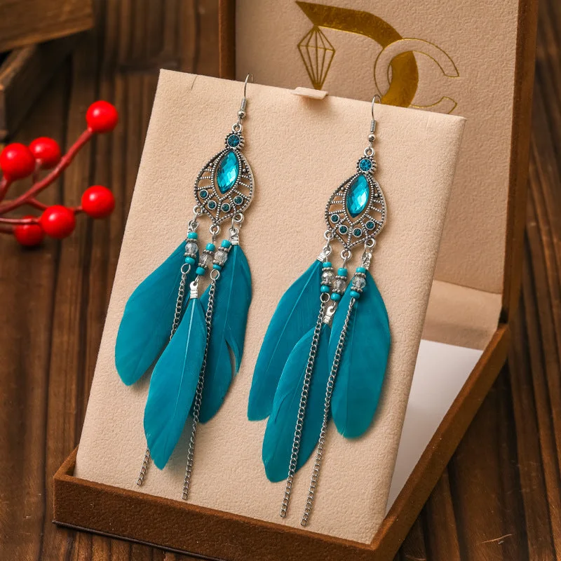 Drop Earrings for Christmas Party -Wholesale Waterdrop Feather Retro Dot Diamond Chain Small Fresh Earrings