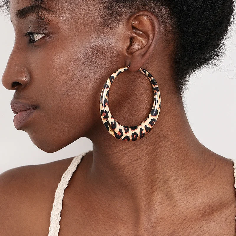 Indian Drop Earrings with Intricacy -Wholesale 1 Pair of Stylish Trendy Hot Girl Style Exaggerated Geometric Hoop Leopard Print Earrings