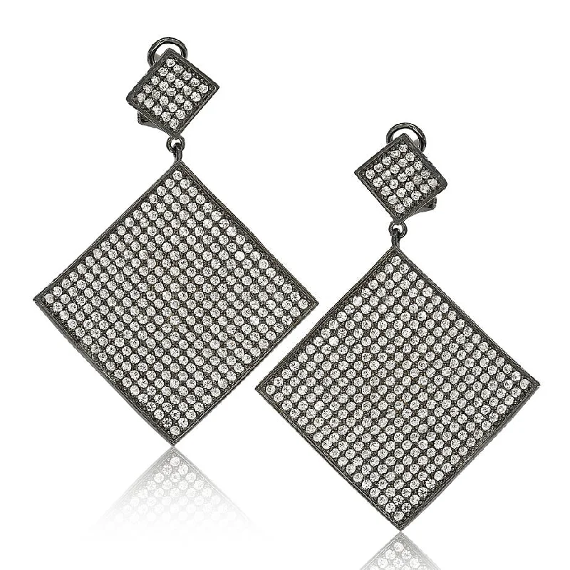 African Drop Earrings with Culture -Suzy Levian Blackened Sterling Silver Cubic Zirconia Pave Diamond-Shape Earrings