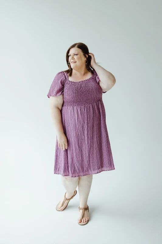 Plus size dresses with matte finishes stay subtle -Sandals for walking in the city -Plus size dresses with frill details -TEXTURED KNEE LENGTH DRESS IN DEWBERRY