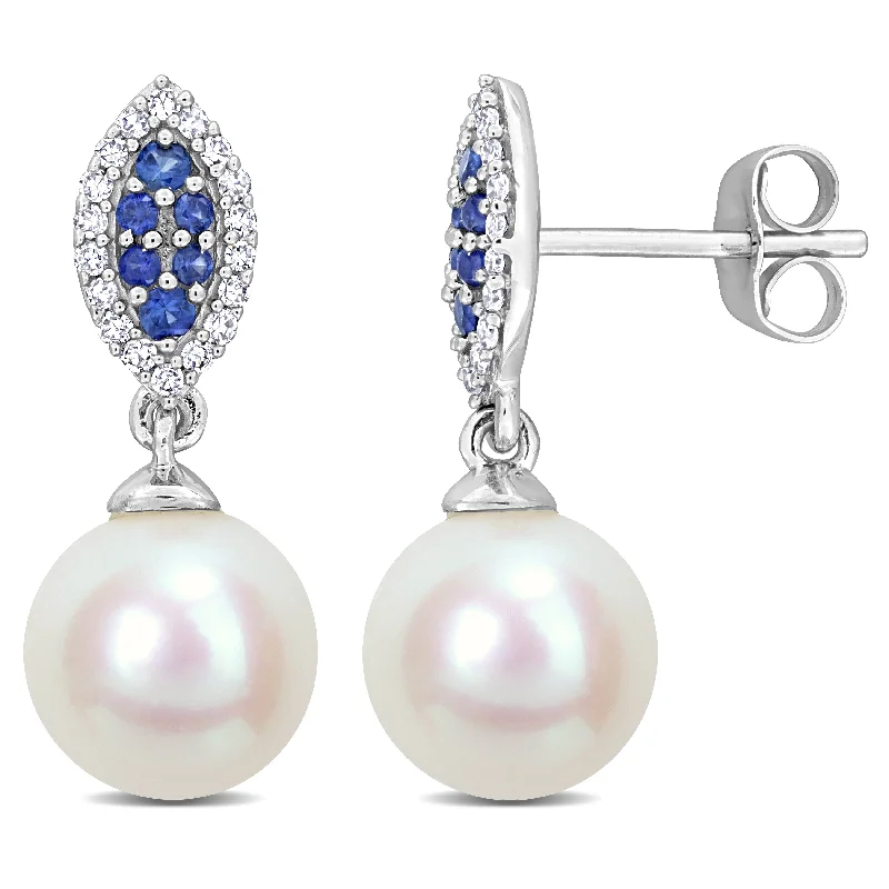 Drop Earrings with Filigree Work -Mimi & Max 8mm Cultured Freshwater Pearl 1/7ct TDW Diamond 1/6ct TGW Sapphire Marquise Earrings 14k White Gold