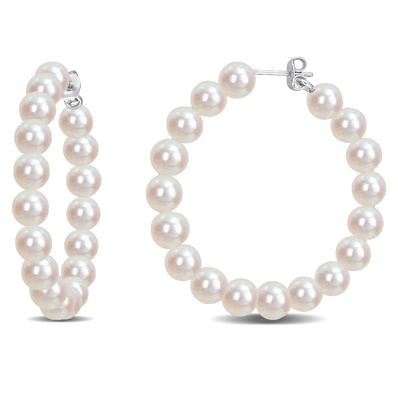 Drop Earrings for Wellness Routine -Mimi & Max 6-6.5mm Cultured Freshwater Pearl Hoop Earrings in Sterling Silver