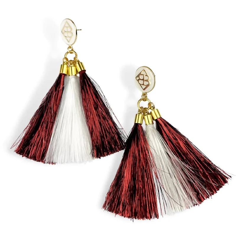 Drop Earrings for Valentine's Day -Metallic Jumbo Tassel Earrings In Maroon And White