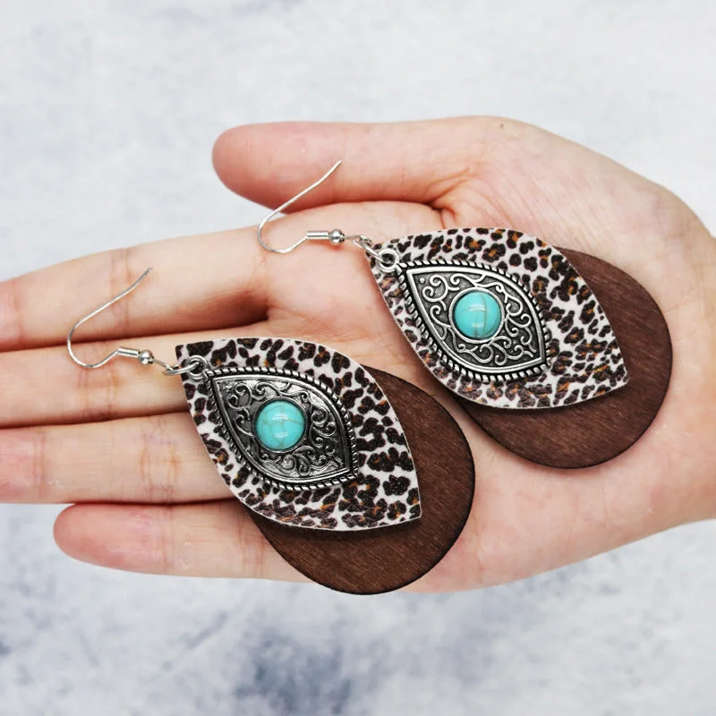 Magnetic Closure Drop Earrings for Easy -Wholesale Blue Turquoise Alloy Wood Leather Multi Layer Combination Earrings